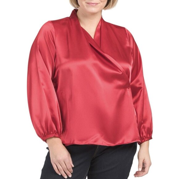 Calvin Klein Women's Satin Blouse Plus Size 1X Red Wrap Front V-Neck NWT $89 - Picture 2 of 16